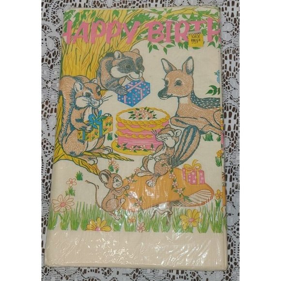 Vintage C.A. Reed Happy Birthday Forest Friends Paper Tablecloth  52 X 96 NOS - Picture 1 of 11